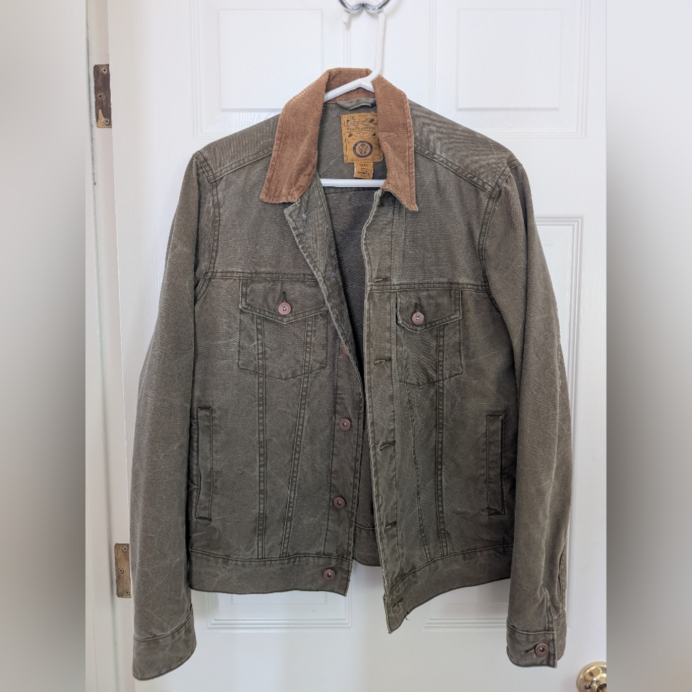 Stapleford Men's Olive Green Denim Jacket with Brown Corduroy Collar